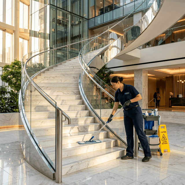 Treppenhausreinigung an hochwertiger Treppe